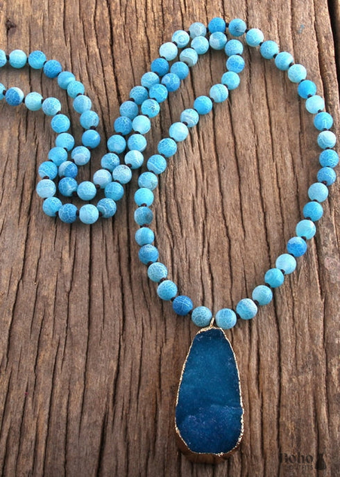 Boho Necklace, RH Precious Stone, Blue with Druzy